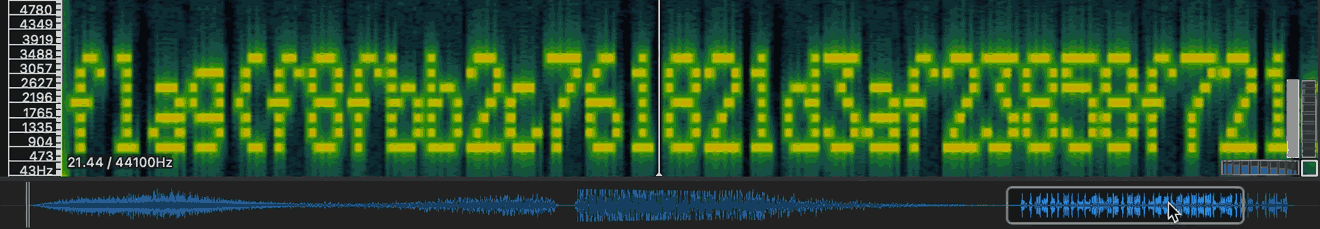 A spectogram of the challenge audio file, which resembles characters of the challenge flag.