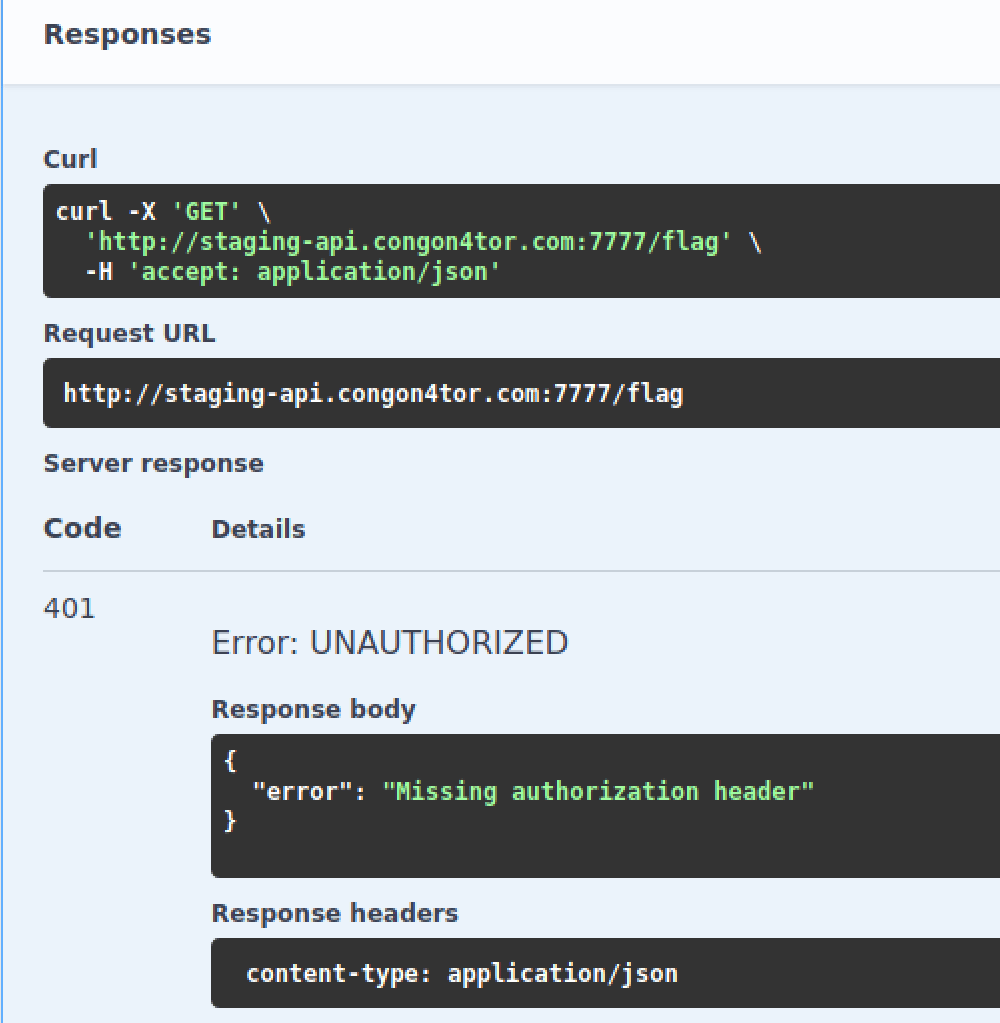 Response for /flag without parameters. It displays the request URL and its corresponding curl request, followed by a 401 response with the message "Missing authorization header" in JSON format.