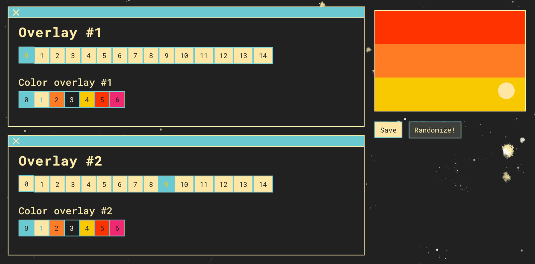 The left side contains options to choose between two different overlays and colors for each overlay. The right side contains the flag with the selected options.