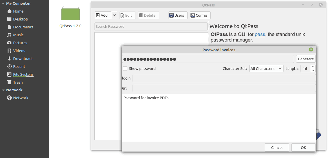 A user's desktop. There are three open windows - a file explorer containing a folder named QtPass 1.2.0, a QtPass window and one titled Password Invoices, which contains the password in hidden form along with information used to generate the password.