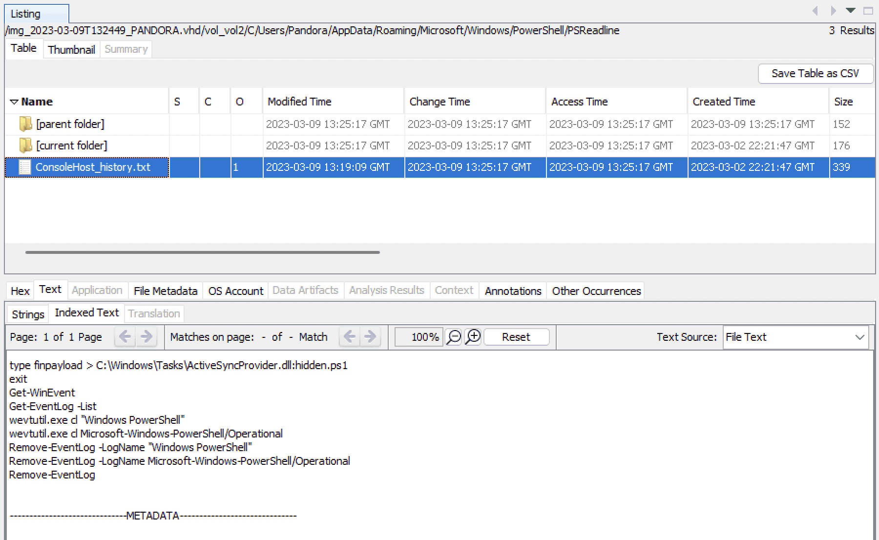 An Autopsy window showing the contents of ConsoleHost_history.txt. The most significant command in this list is "type finpayload > C:\Windows\Tasks\ActiveSyncProvider.dll:hidden.ps1", which is discussed further in the post.