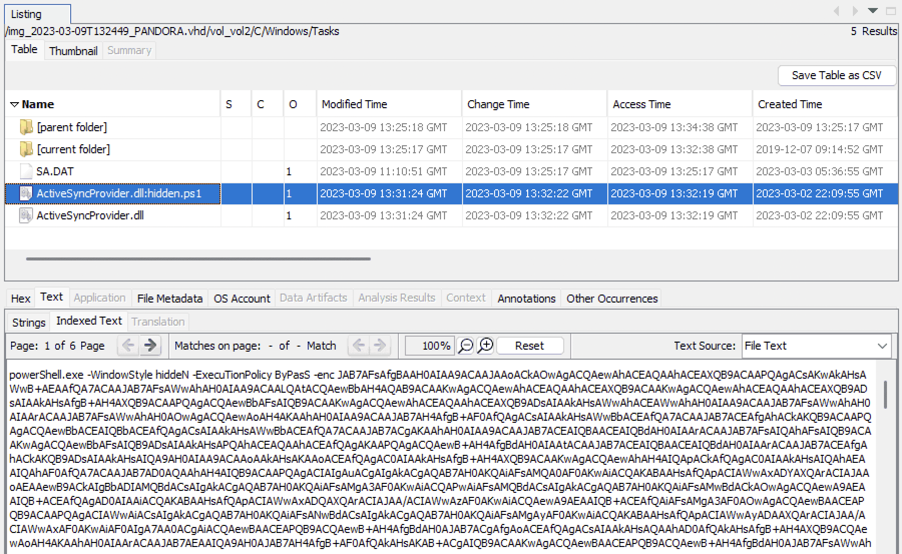 An Autopsy window displaying the contents of hidden.ps1, an alternate data stream of ActiveSyncProvider.dll. The script runs powerShell.exe with a long string of base64 encoded data as input.