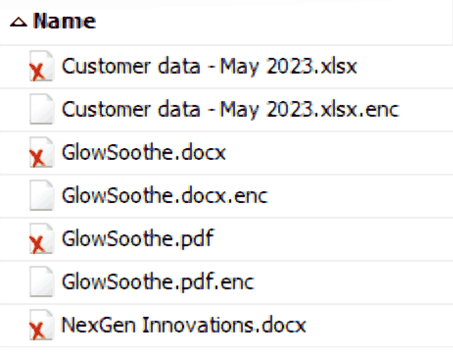 A list showing the encrypted files and their unencrypted versions in Autopsy. The unencrypted versions have a file icon with a red X over it, indicating that they were deleted.